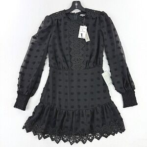 Love X Design Black Pom Pom Eyelet Lace‎ Mini Dress Size XS Women Long Sleeve